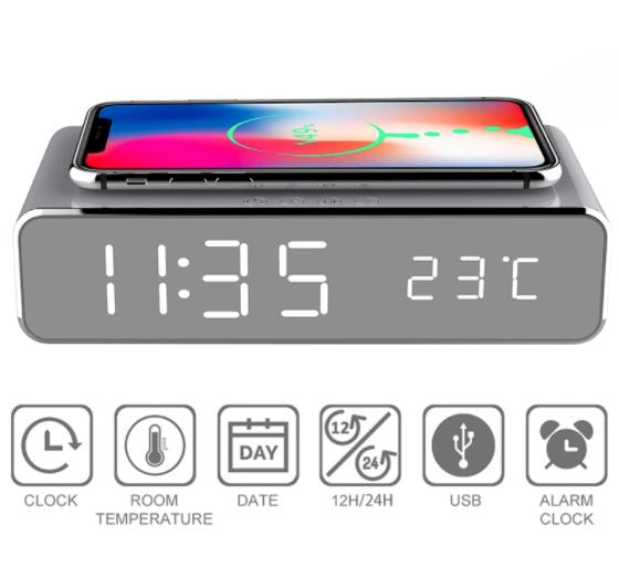 LED Electric Alarm Clock Mirror Clock with Phone Wireless Charger