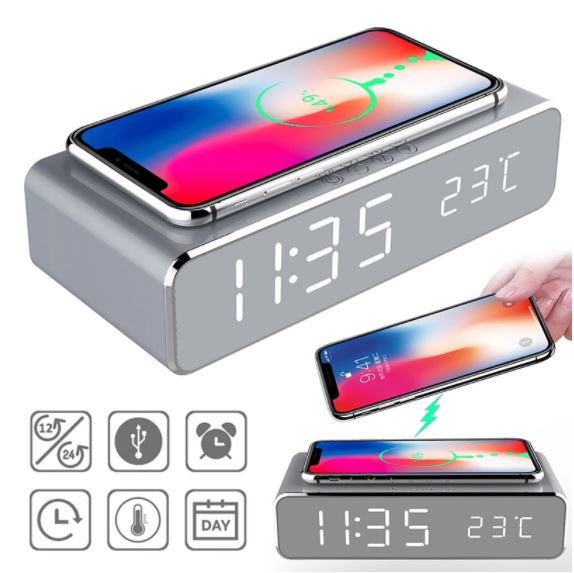 LED Electric Alarm Clock Mirror Clock with Phone Wireless Charger